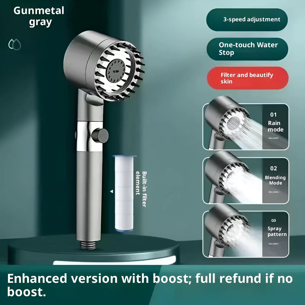Supercharged handheld shower head set in grey finish with LED lighting and universal interface on stainless steel pipe