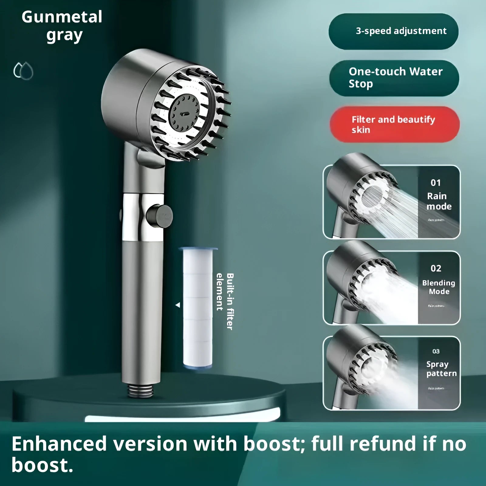 Supercharged handheld shower head set in grey finish with LED lighting and universal interface on stainless steel pipe