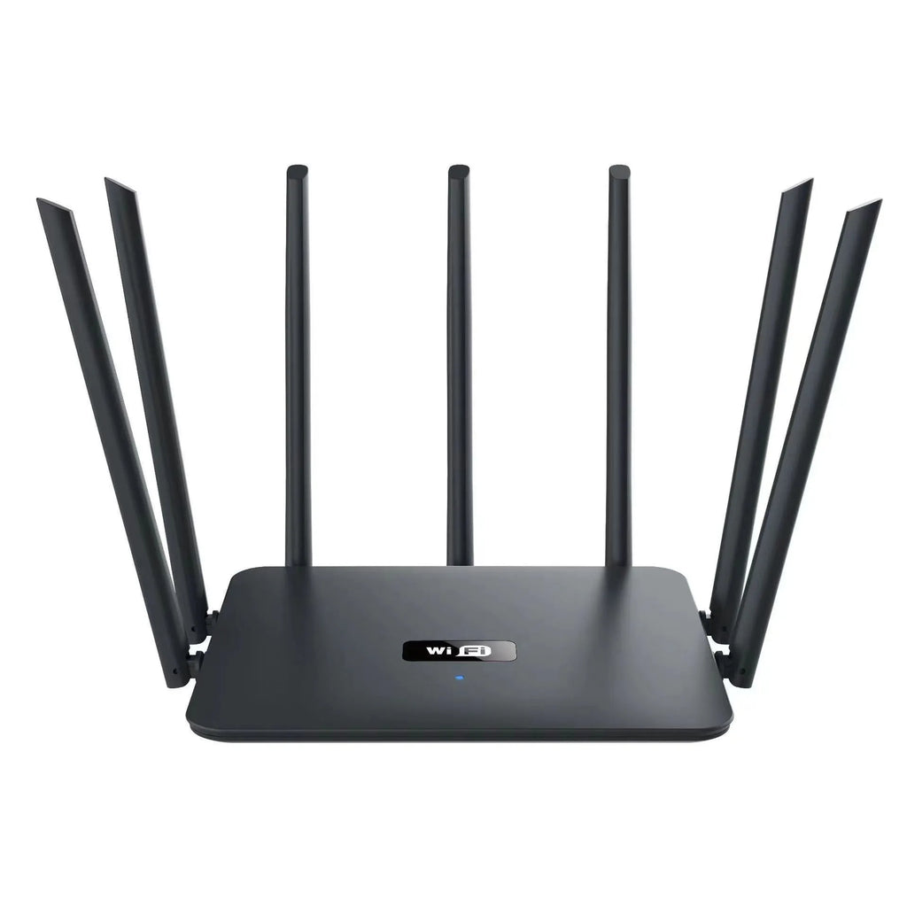 Black or white dual-band gigabit WiFi router with multiple external antennas for through-wall coverage.