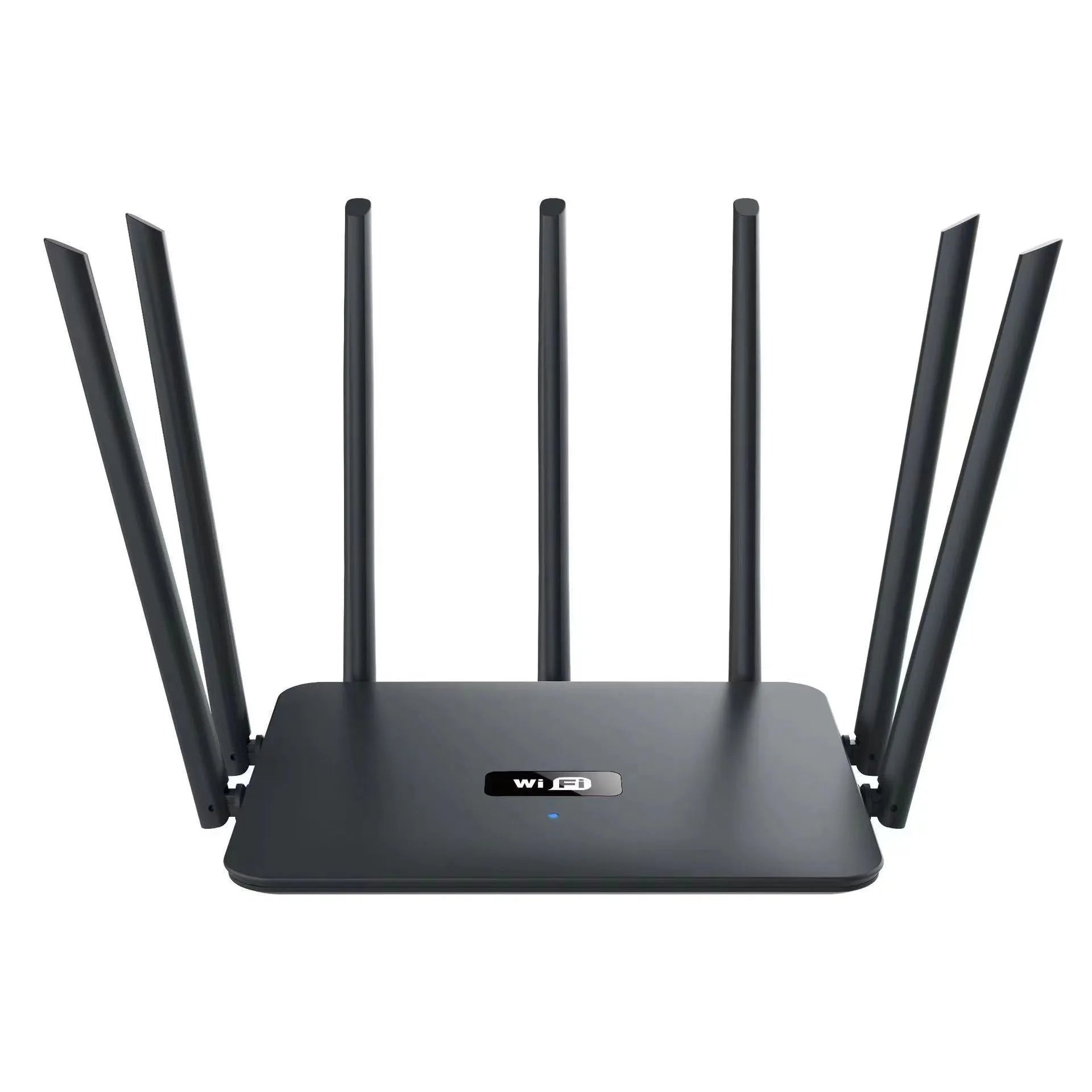 Black or white dual-band gigabit WiFi router with multiple external antennas for through-wall coverage.