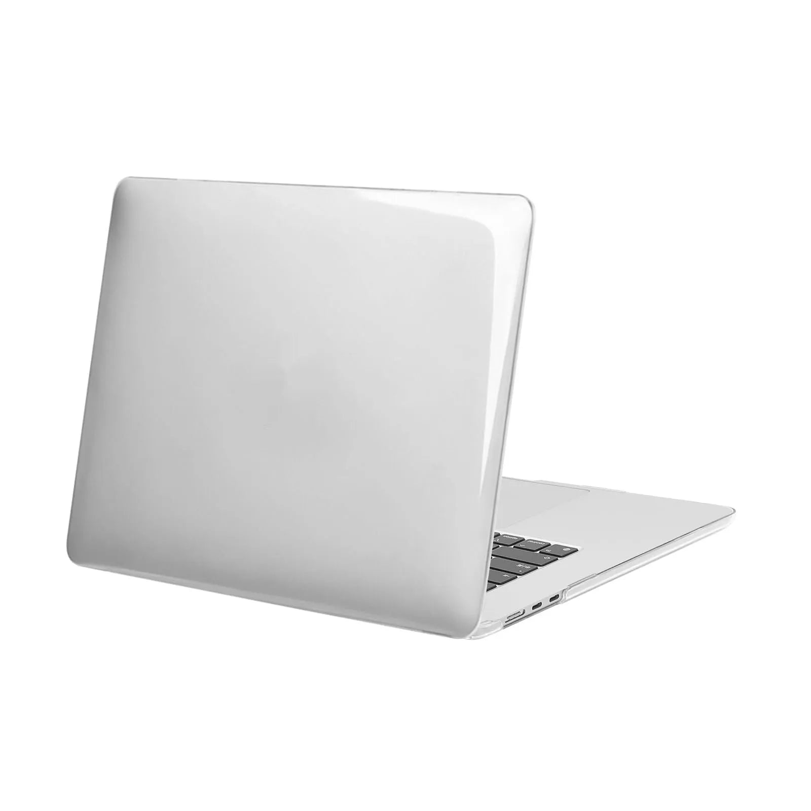 Clear transparent plastic protective shell case for a MacBook Air or Pro laptop on a table.