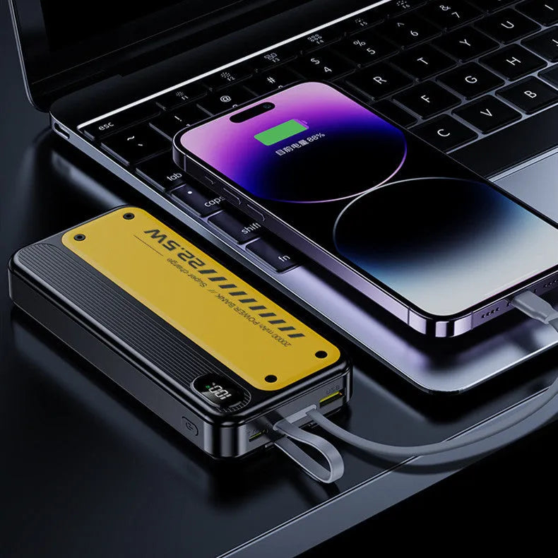 225W fast charge portable power bank with cable, 20000mAh, black plastic shell, multi-USB output