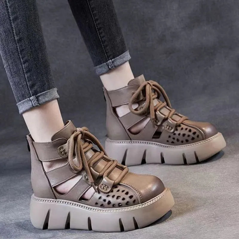 Women's soft cowhide leather platform sandals with hollow hole design in black colour
