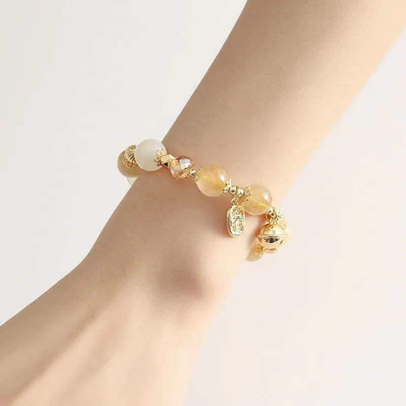Korean style gold rutilated quartz crystal bracelet with electroplated finish and adjustable design