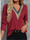 Lace spliced V-neck long sleeve top, mid-length polyester blouse in green, brick red, black or khaki