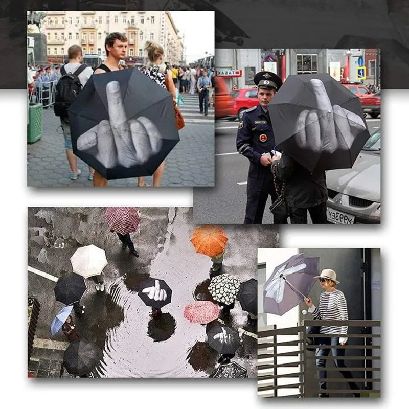 Tri-fold folding umbrella showing eccentric gesture pattern with iron frame and plastic handle
