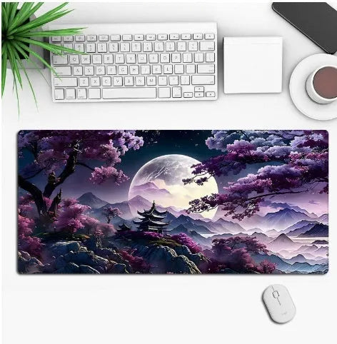 Custom anime graphic gaming mouse pad with non-slip rubber base on a wooden desk.