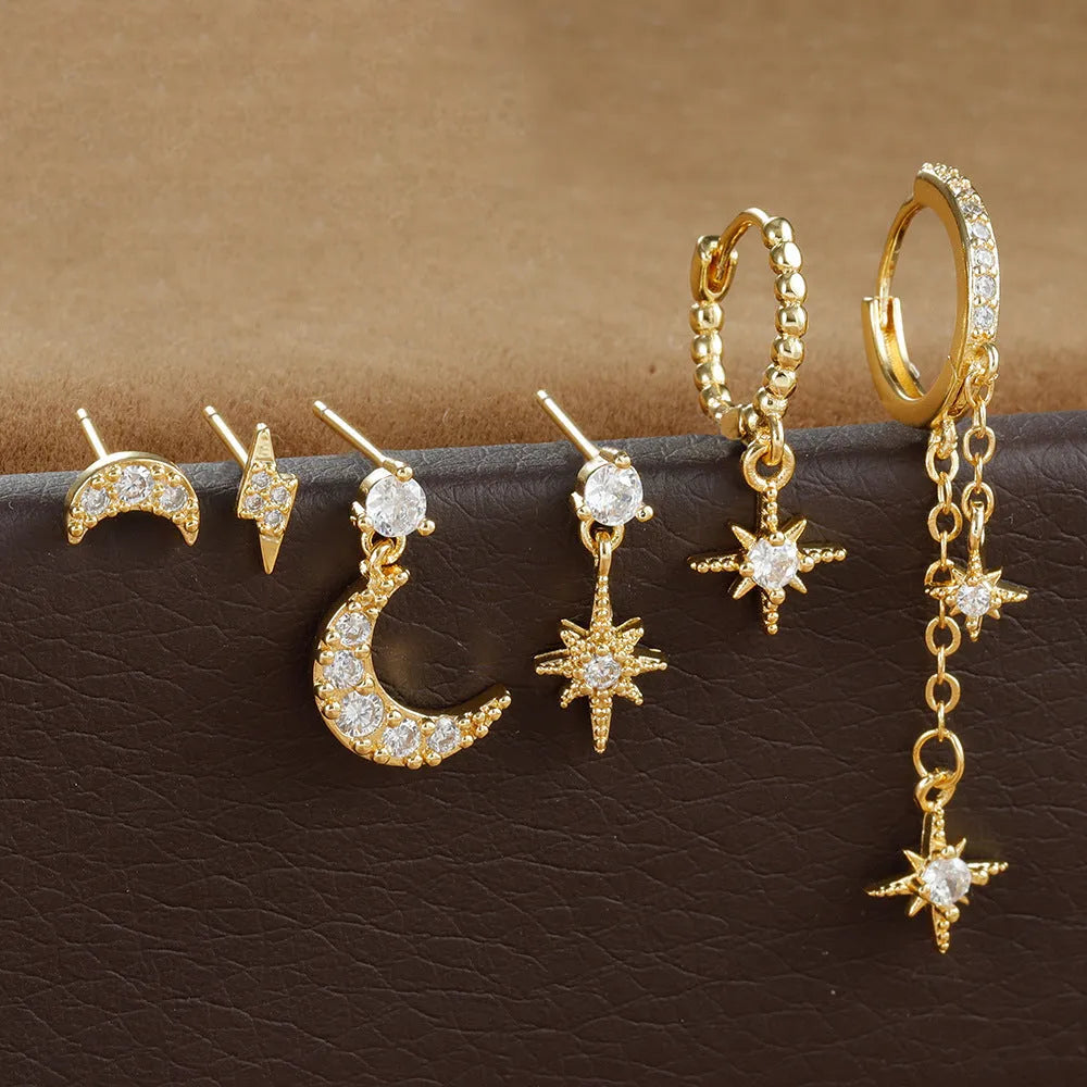 XINGX set of six gold chain tassel earrings with zircon studs for women