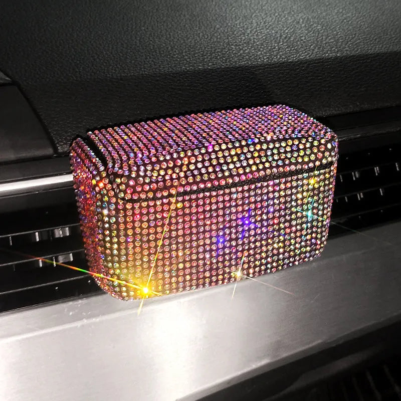 Creative covered plastic car ashtray designed for air vent mounting, shown in a colourful diamond finish.