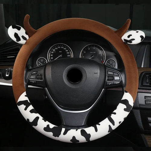 Short plush automotive steering wheel cover in black colour with 38cm diameter