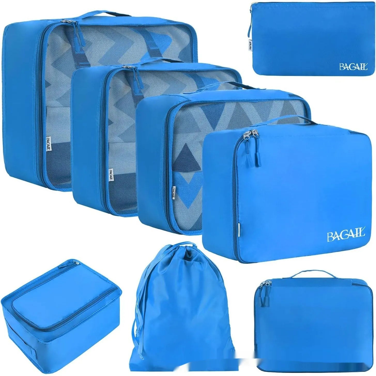 Set of eight cubic packing cubes for travel organisation in various colours including beige, black, and pink leopard print.