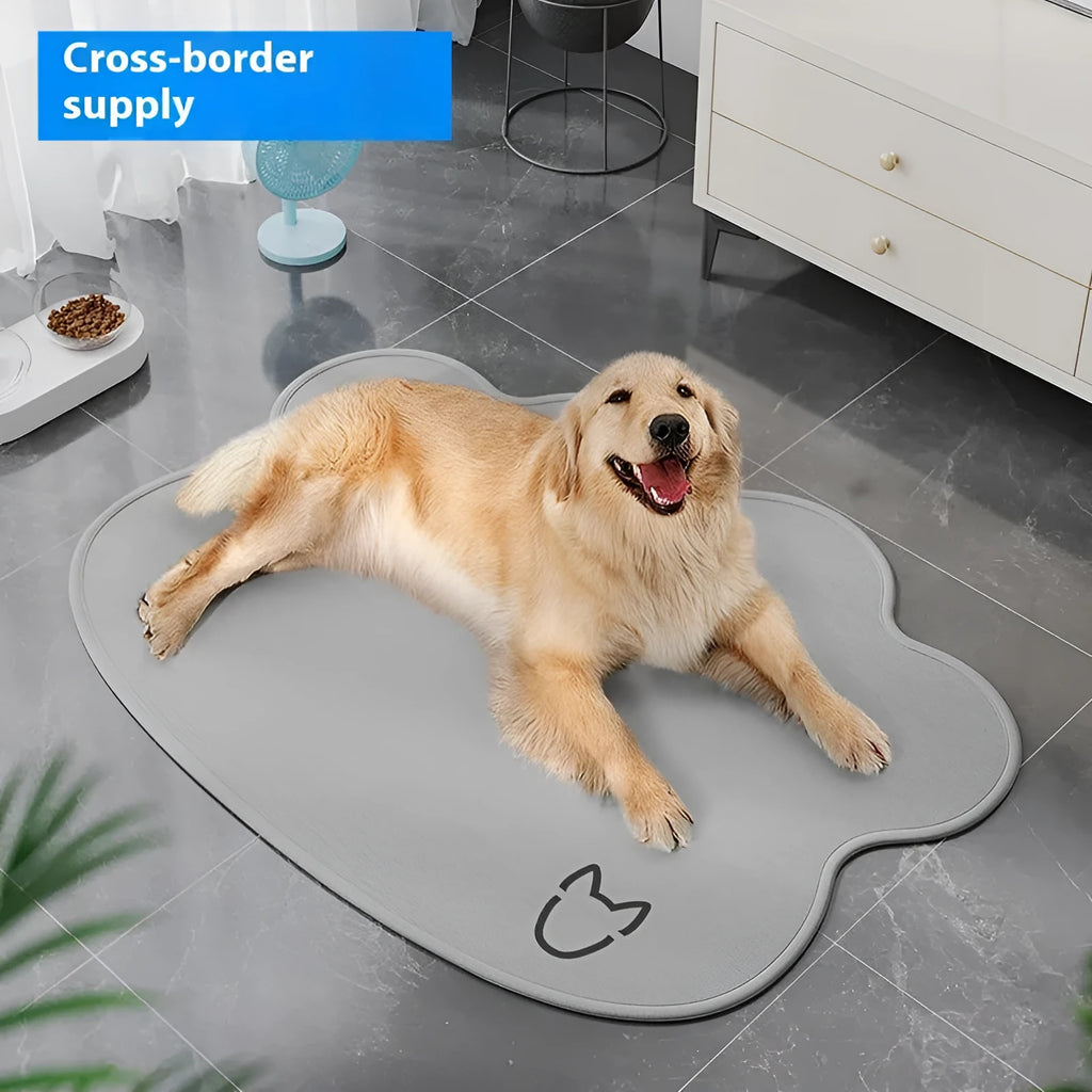 Ice silk dog cooling mat with dog head print, shown in light grey on a wooden floor.