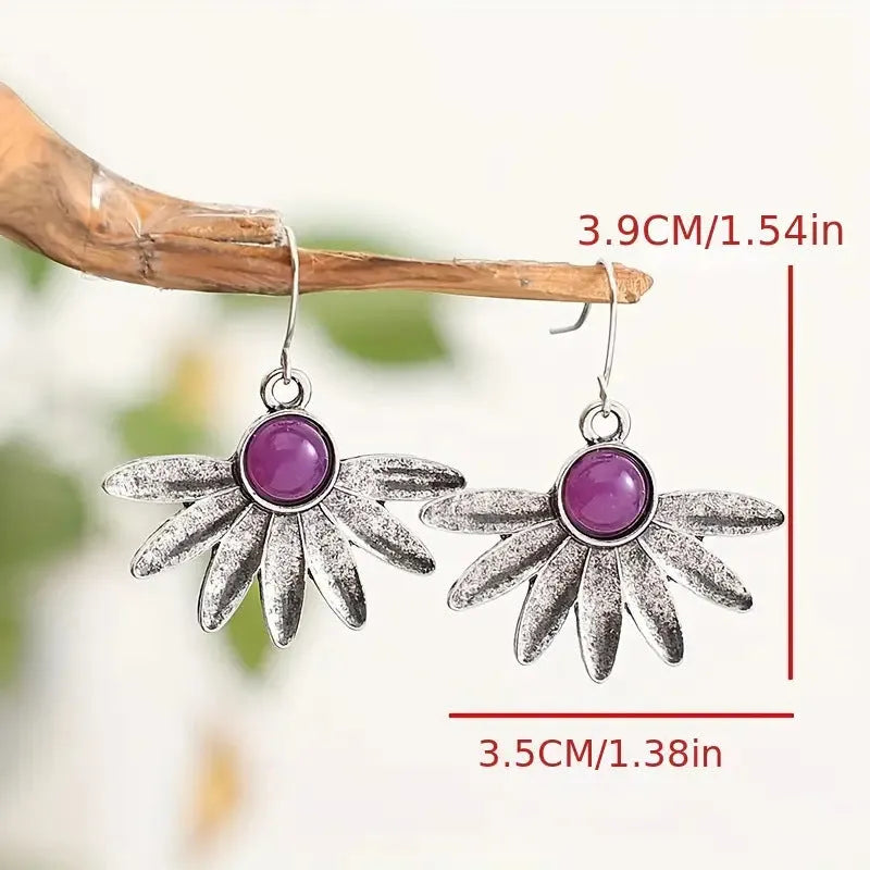 Purple resin gemstone earrings with animal zodiac design in bohemian style