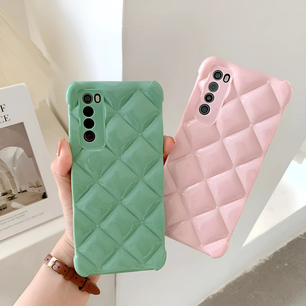 Huawei silicone diamond pattern phone case in solid colours showing flexible protection for compatible models