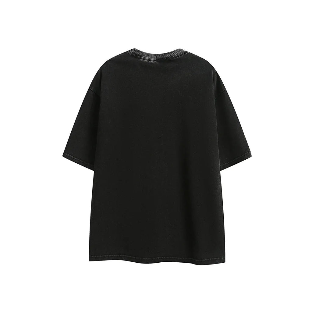 Purple and black loose-fit embroidered retro short-sleeved cotton t-shirt laid flat.