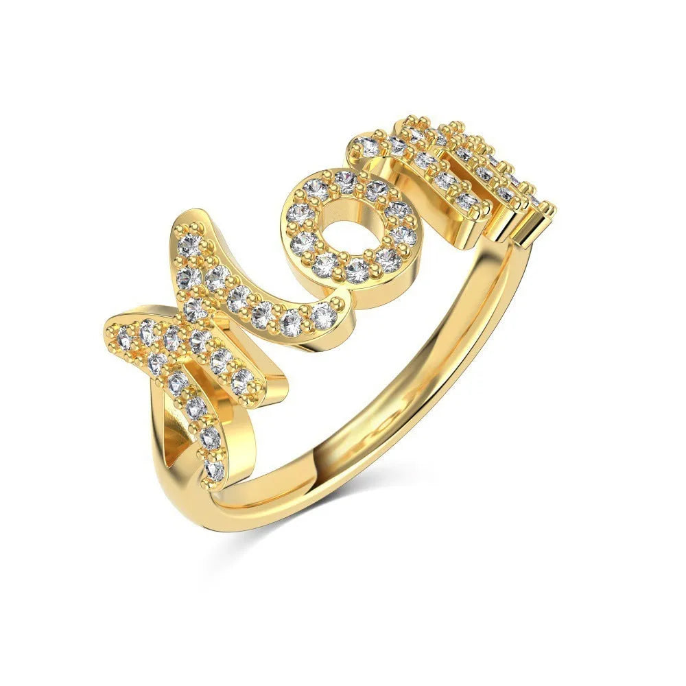 S925 sterling silver women's ring with English Mom letter design, refined zircon accent, platinum or gold colour, sizes 6-9