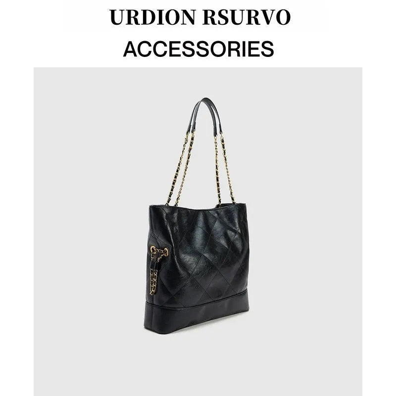 Special design large capacity black PU shoulder handbag with diamond chain detail and double straps