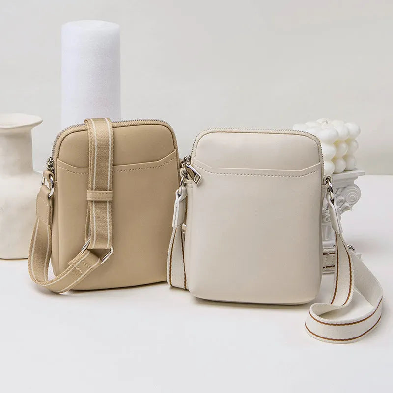 Solid colour PU mobile phone crossbody bag shown in black, beige, khaki, and green.
