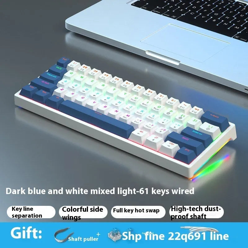 61-key bluish-black and white mechanical keyboard with hot-swap switches on desk