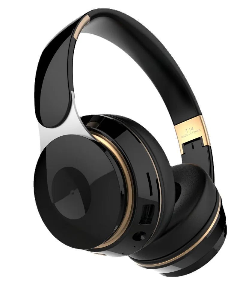 Foldable Bluetooth wireless headset in multiple colours shown open for wear and folded for storage.