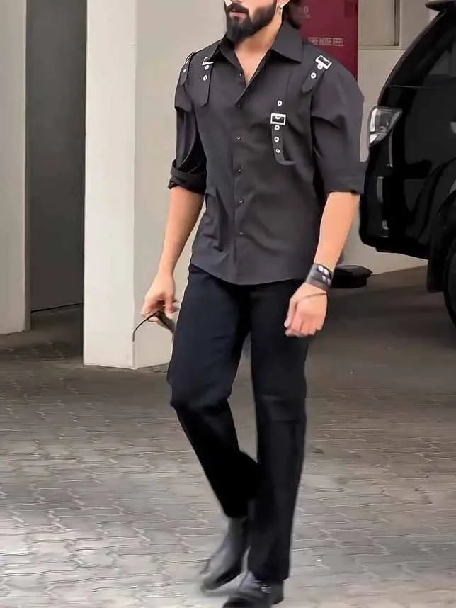 Men's black polyester utility-style button-up shirt with long sleeves on a mannequin.