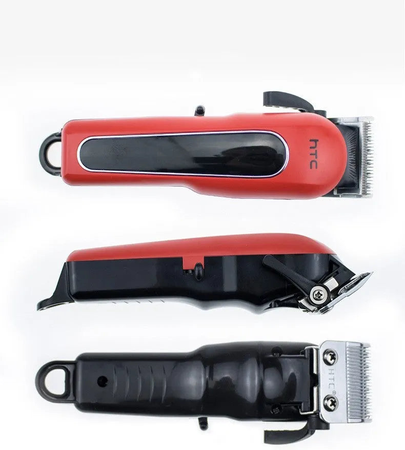 Professional digital hair clipper in black, red, or white with charger and four attachment combs.