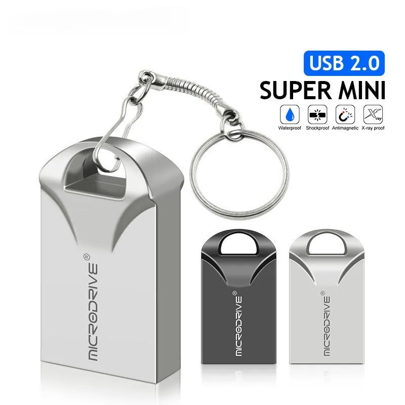 Small black and silver metal USB flash drive on a white background showing its compact size.