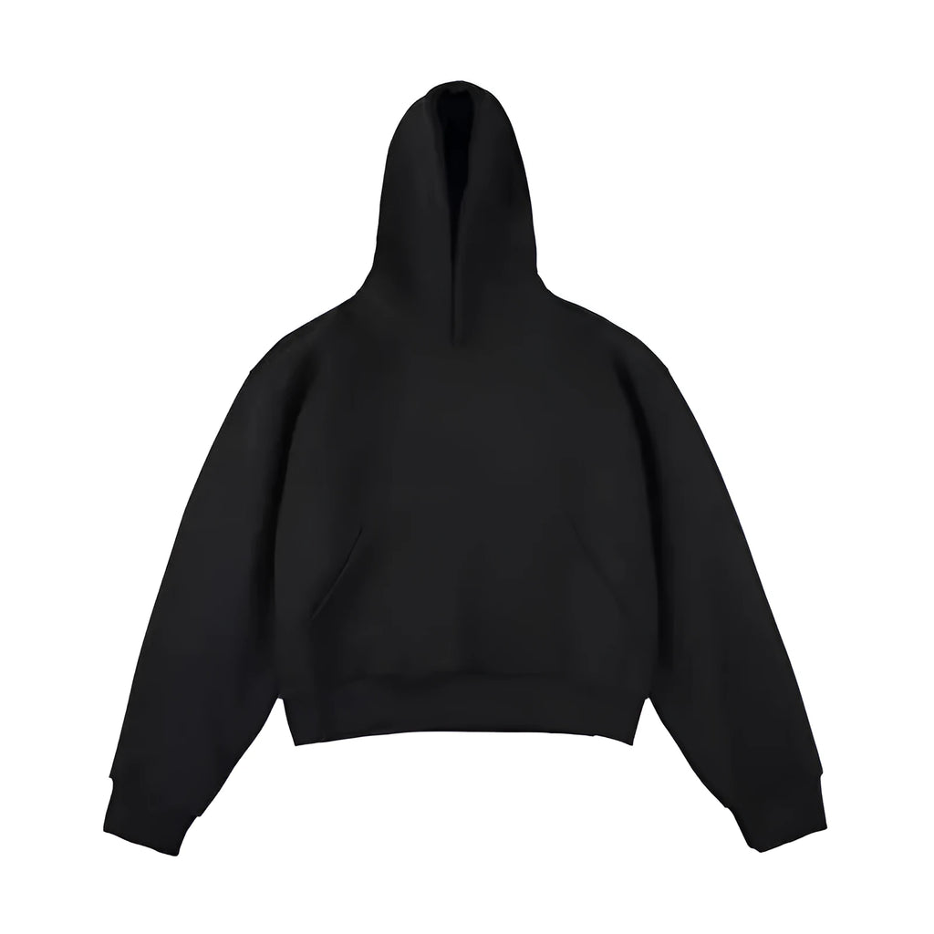 Short version Chinese cotton composite hooded sweater with removable hood in dark grey, shown with long sleeves.