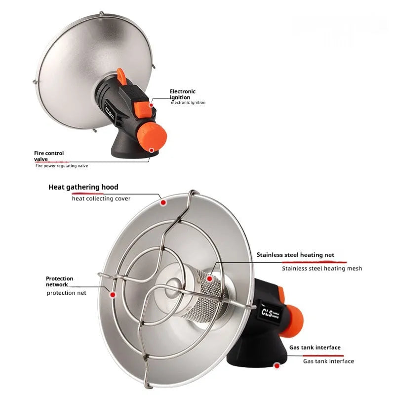 Black and orange portable camping heater stove with automatic ignition system