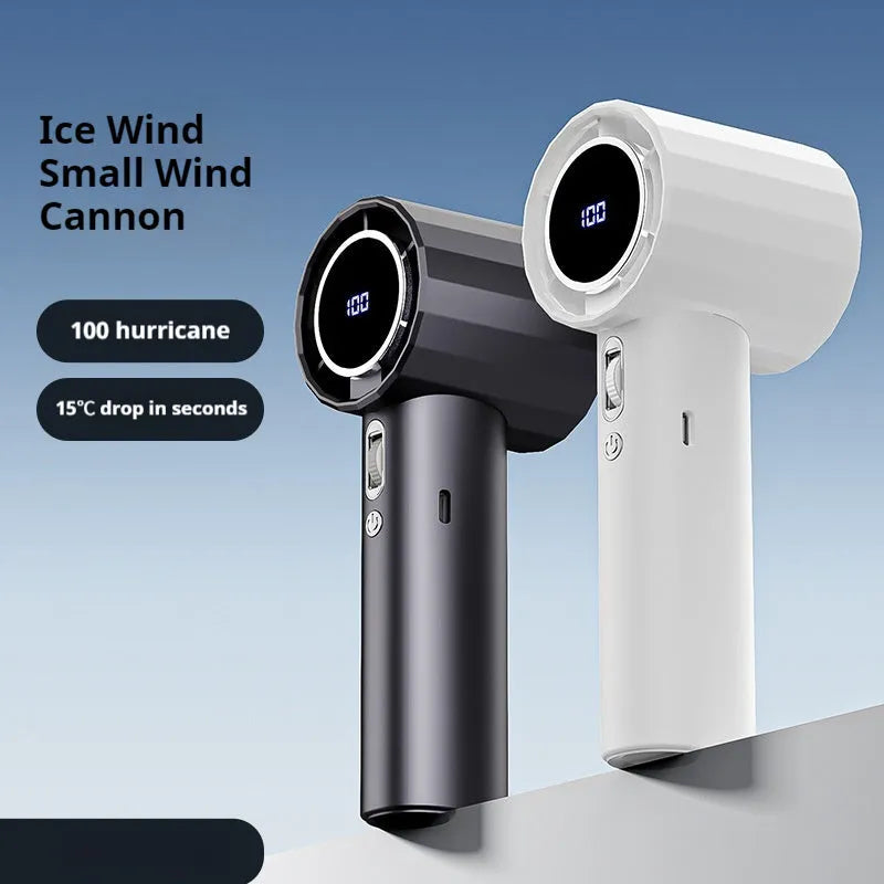Handheld bladeless mini fan with digital display in grey, white, or pink, USB powered, with hundred gear speed control.