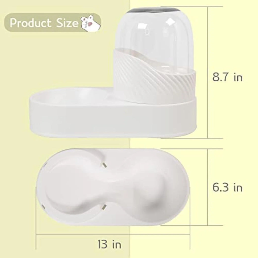White automatic gravity cat feeder and water dispenser set on a floor.