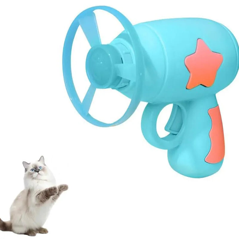 Blue plastic cat toy gun with spinning Frisbee for indoor feline play