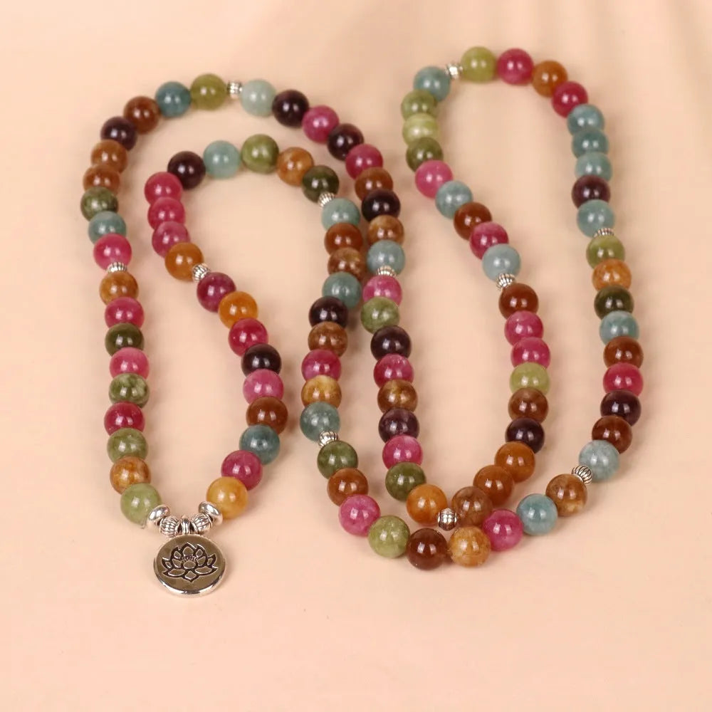 108-bead multi-layer bracelet with lotus hanging design in tourmaline-coloured alloy