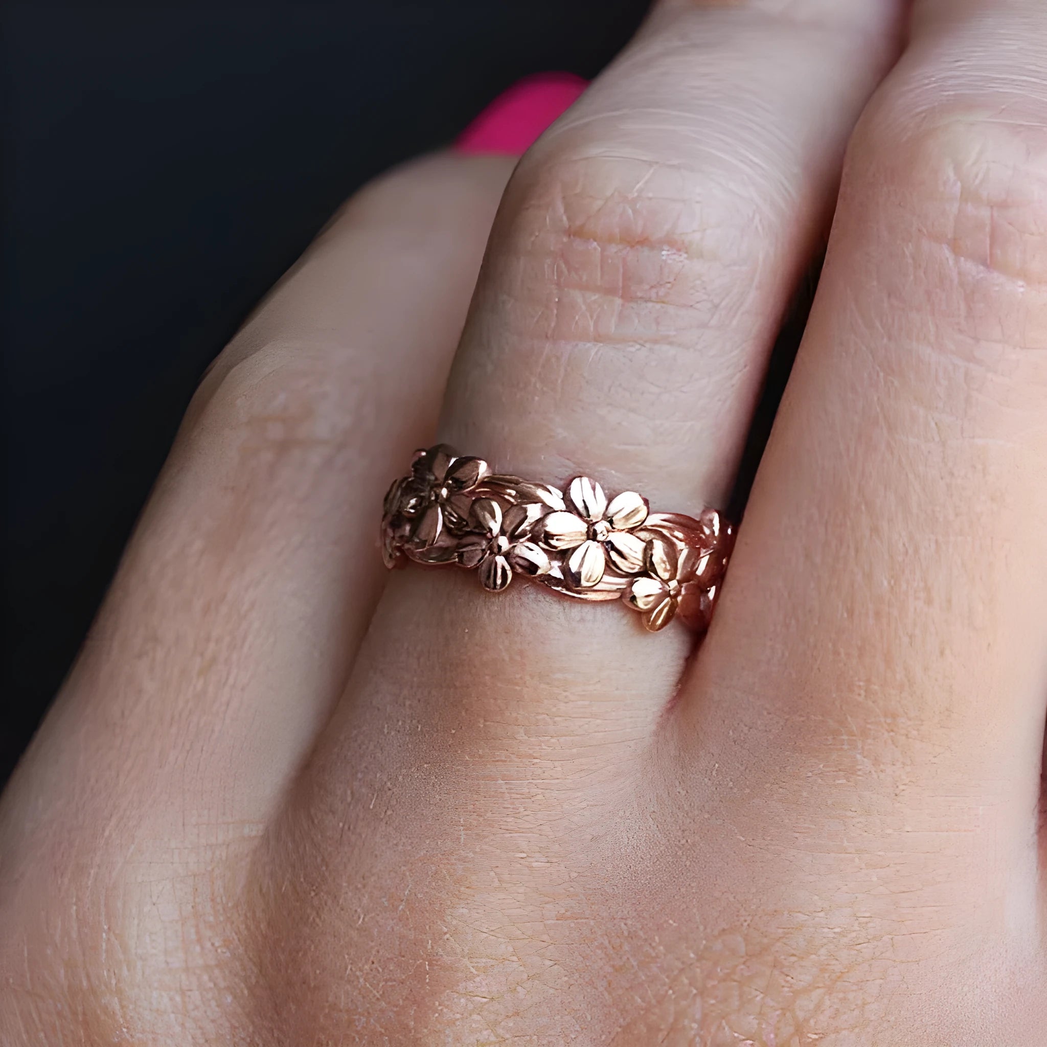 Women's alloy plum ring ornament with diamond treatment in rose gold colour, available in multiple sizes