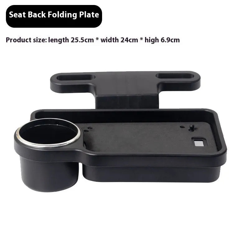 Black ABS car steering wheel laptop stand with foldable drink holder mounted in vehicle