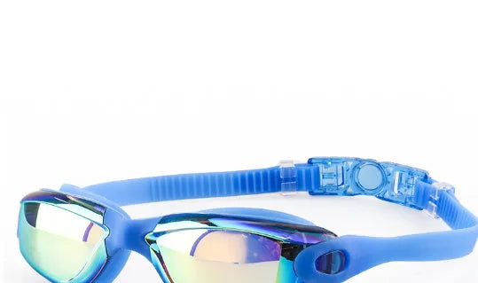 Swimming goggles with PC lens, silicone nasal splint, and earplugs in black-silver plated colour