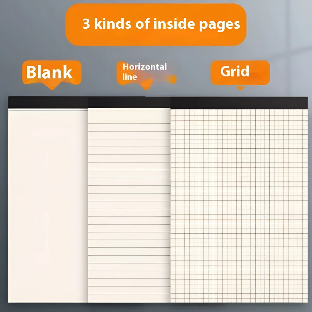 Writing pads notebook in A5, B5 and A4 sizes with blank, grid or lined pages