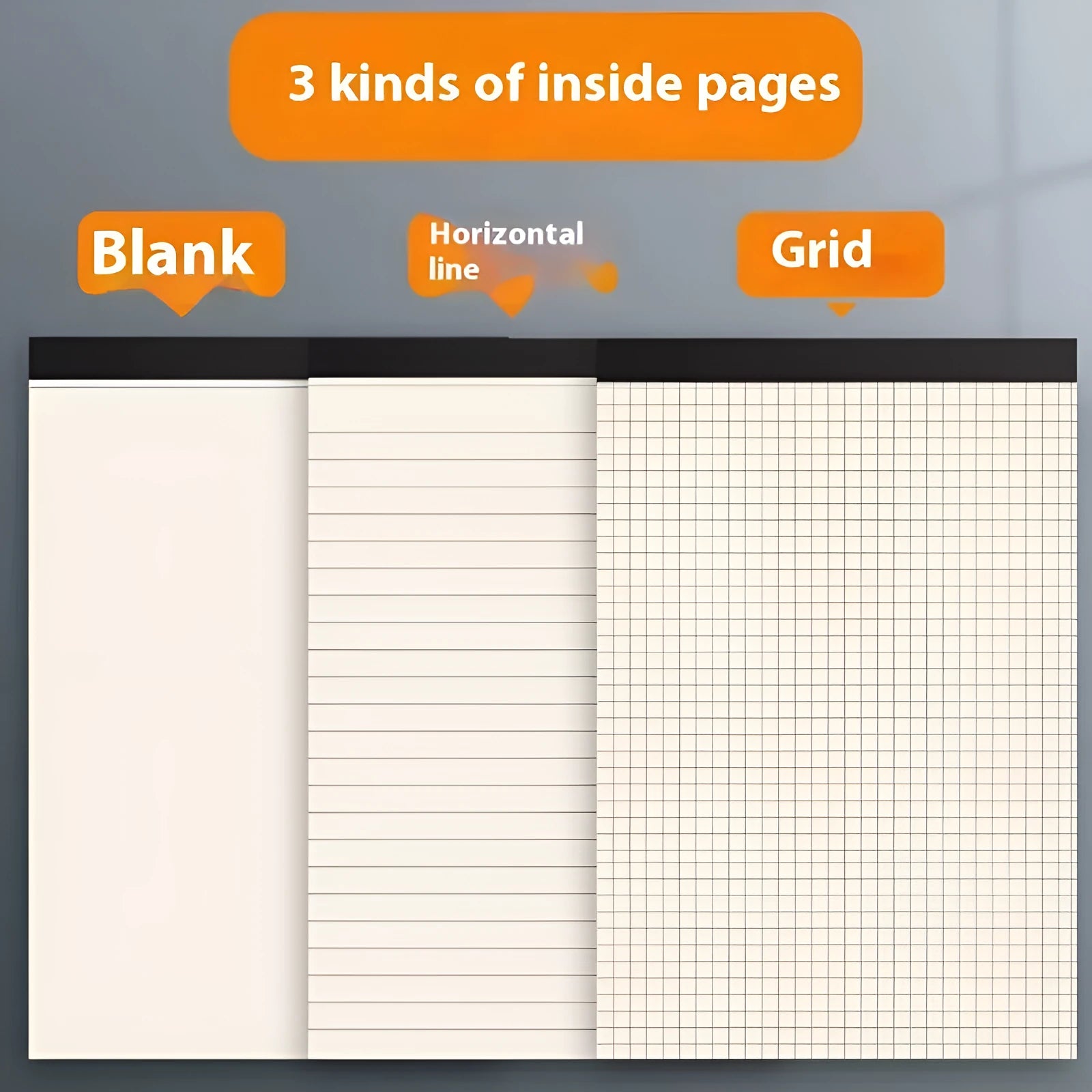 Writing pads notebook in A5, B5 and A4 sizes with blank, grid or lined pages