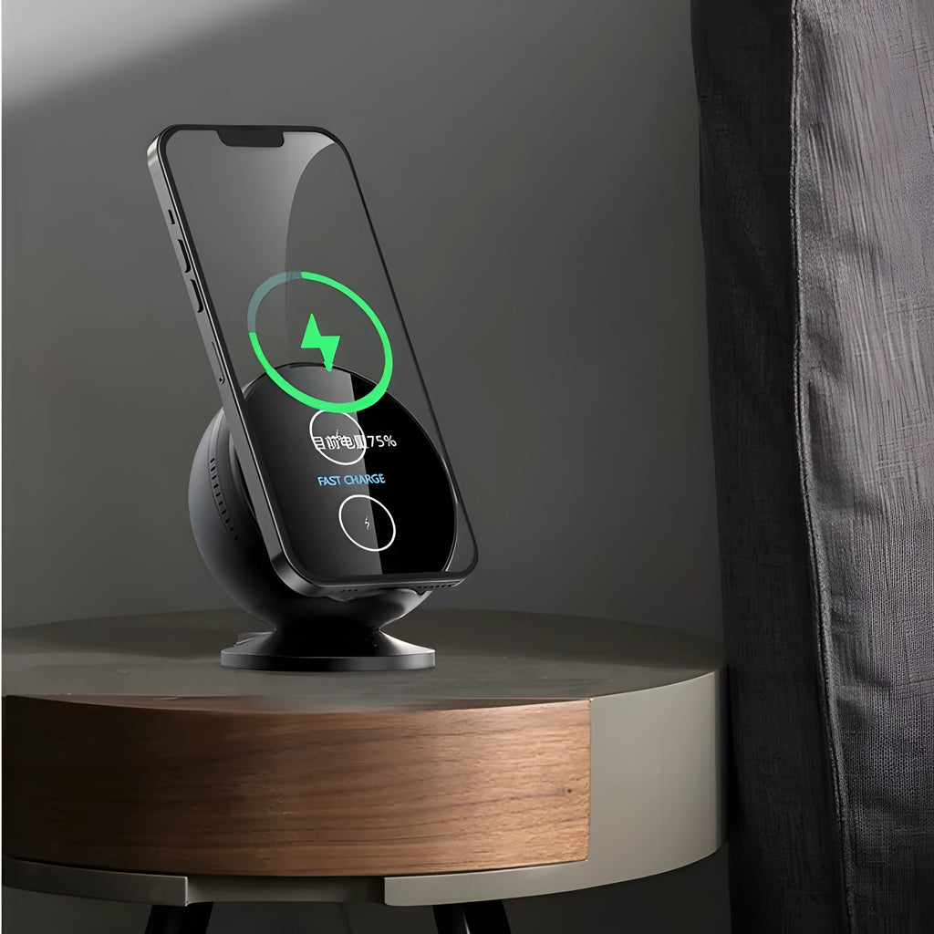 Multifunctional mobile phone wireless charger holder with Bluetooth stereo in black, blue, pink, or white