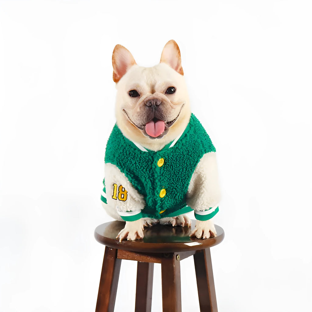 Green fleece-lined cotton dog winter coat showing size options L to 4XL