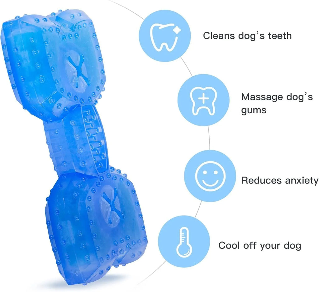 A freezable bone or circle-shaped dog chew toy, shown with treats, designed for cooling and teething relief.