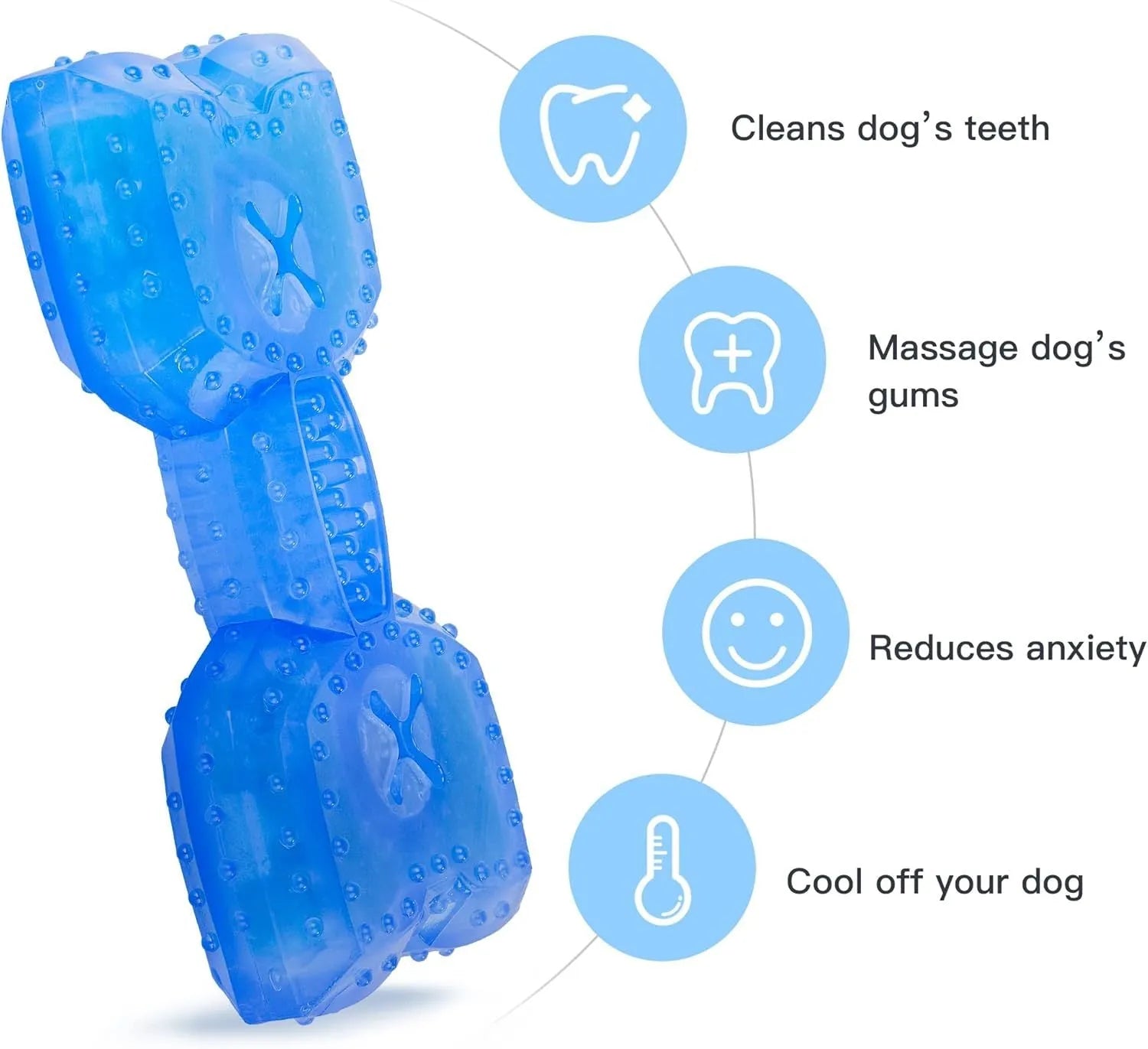 A freezable bone or circle-shaped dog chew toy, shown with treats, designed for cooling and teething relief.