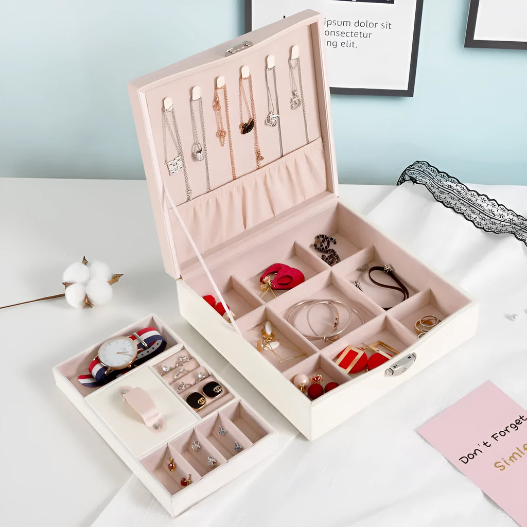 Large capacity jewellery storage box with necklace and ring organiser compartments in red colour