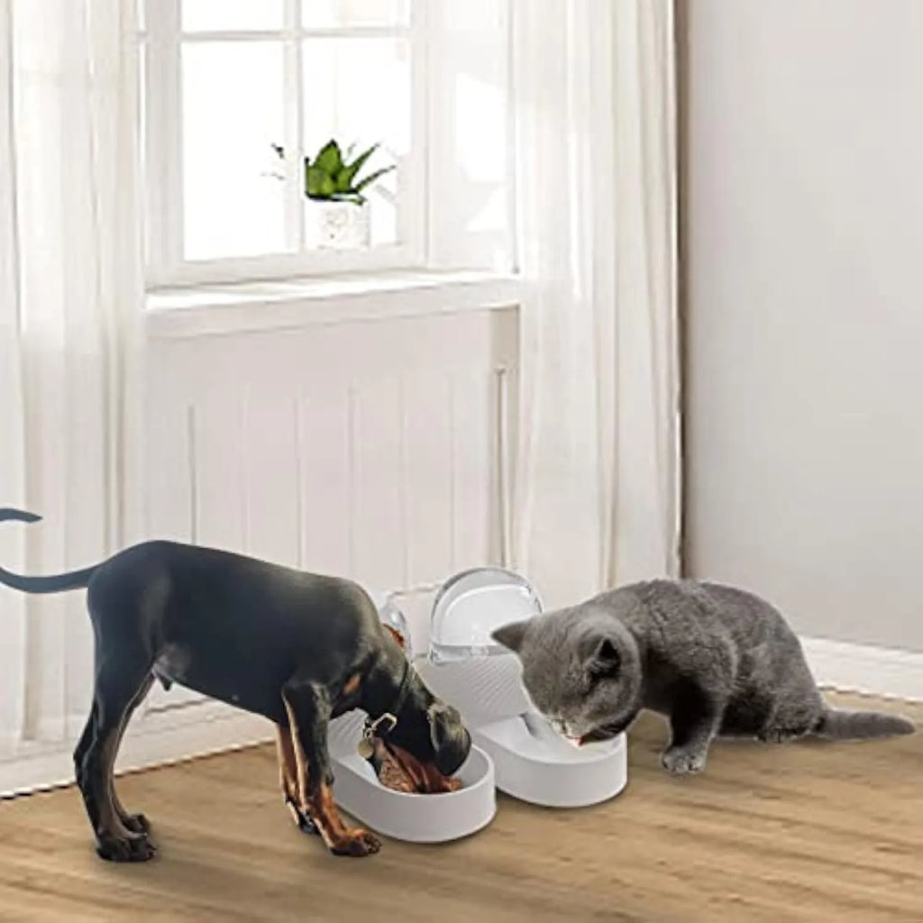 White automatic gravity cat feeder and water dispenser set on a floor.