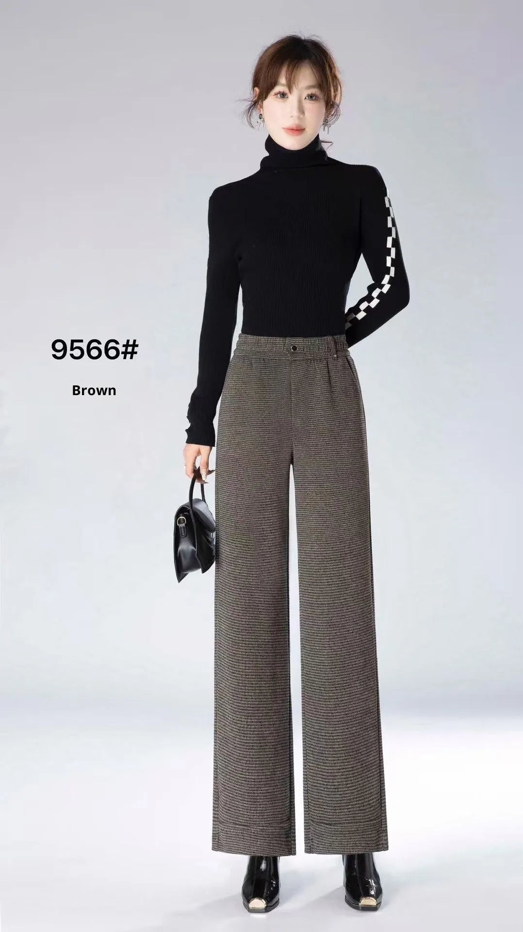 High waist loose straight pants in oatmeal colour with plaid pattern, wool and cashmere blend