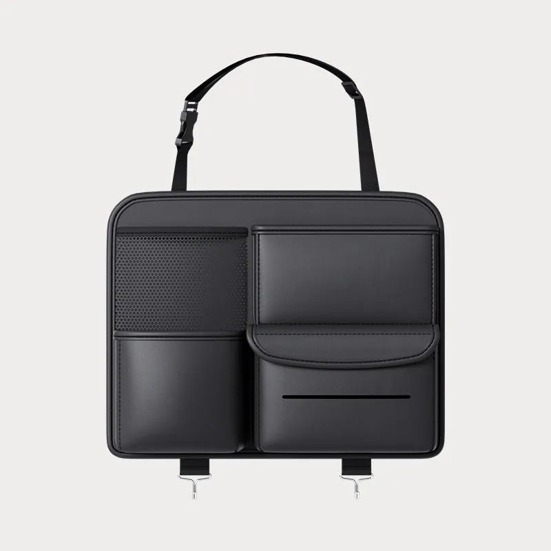 Black leather car seat hanging storage bag with carrying handle in two size options