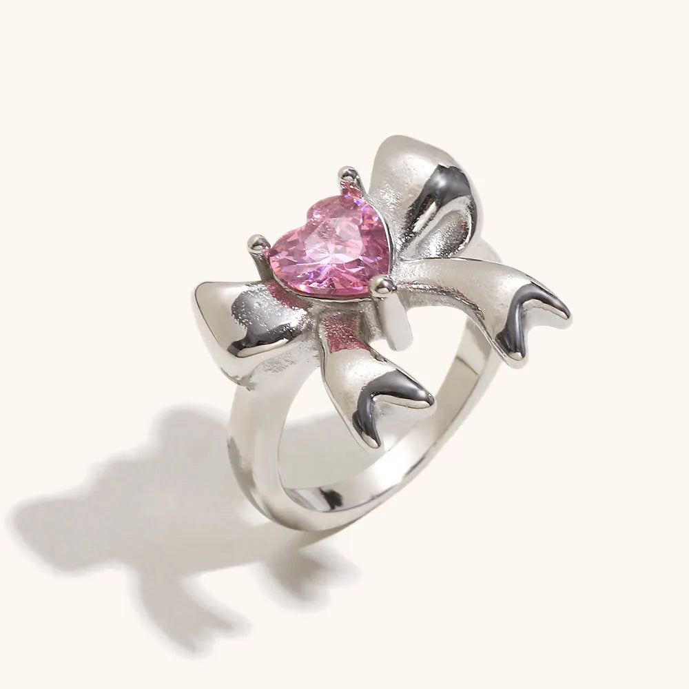 Stainless steel bowknot ring in gold or silver with geometric bow design, sizes No 6 to No 8