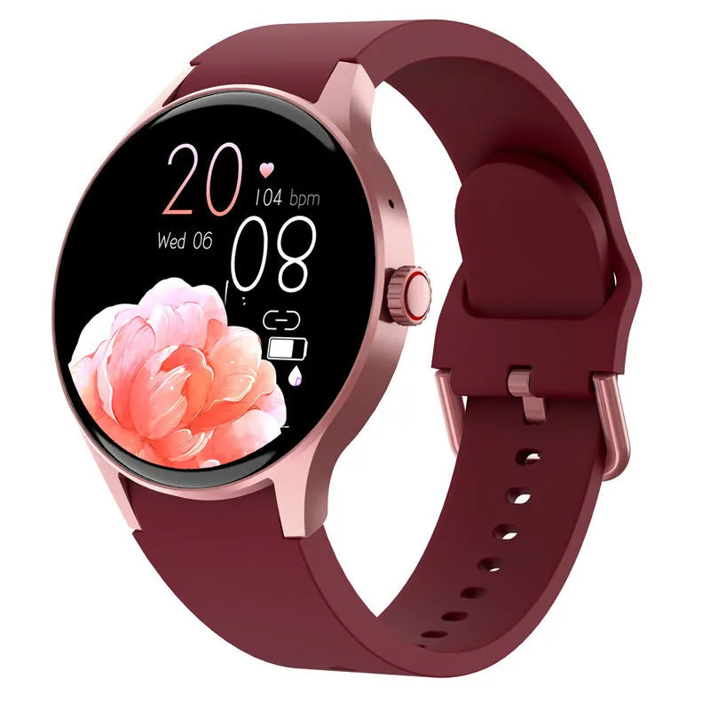 Black smartwatch with round 1.43 inch screen on a wrist, showing a fitness stats display.