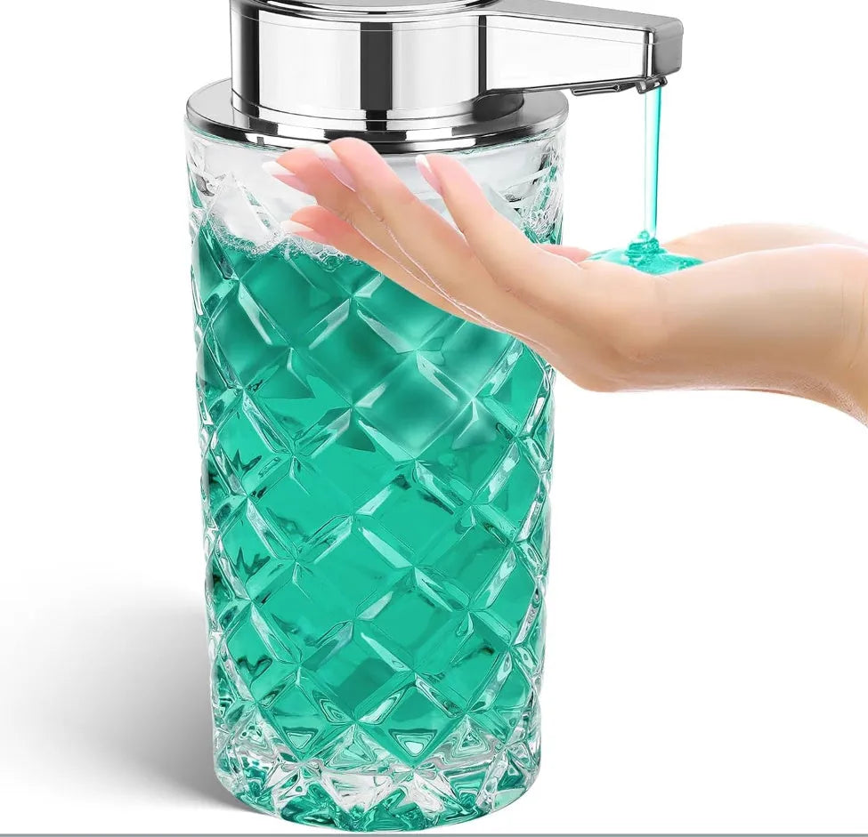 Silver automatic sensor soap dispenser with type-c charging port on a bathroom countertop.