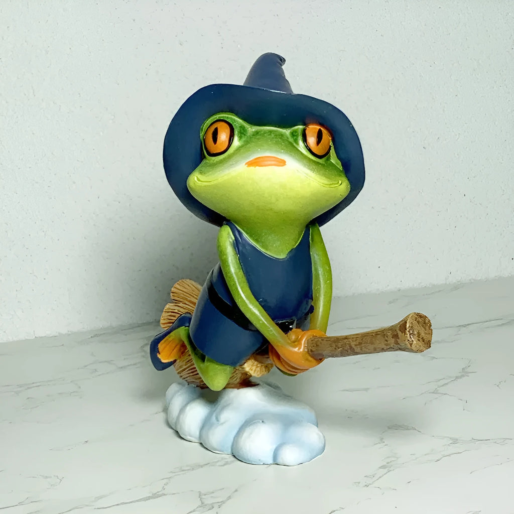 European style Magic Yoga Frog plastic and resin ornament in RDW123 colour on a shelf.